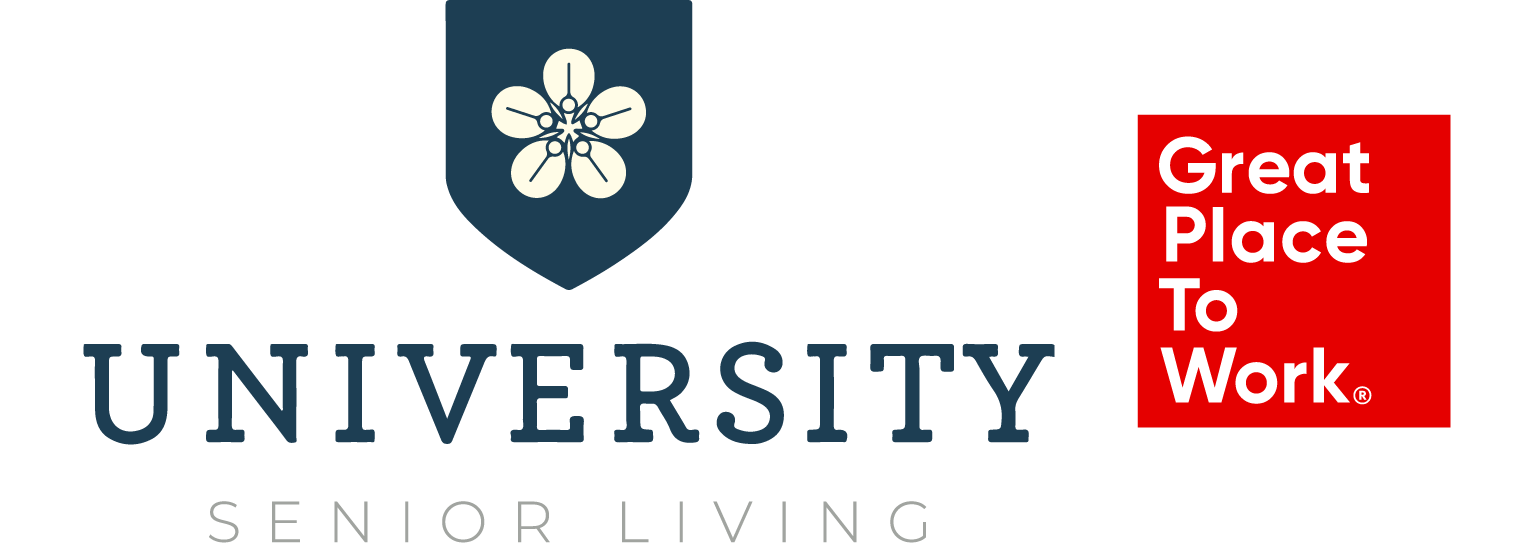 The University Senior Living logo features the Great Place to Work badge, highlighting the community’s certification and commitment to a supportive workplace culture.
