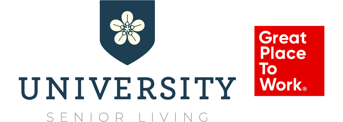 University Senior Living logo features the Great Place to Work badge, highlighting the community’s certification and commitment to a supportive workplace culture.
